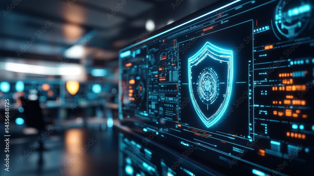 Poster cybersecurity operations center featuring advanced technology and real-time data analysis in a moder