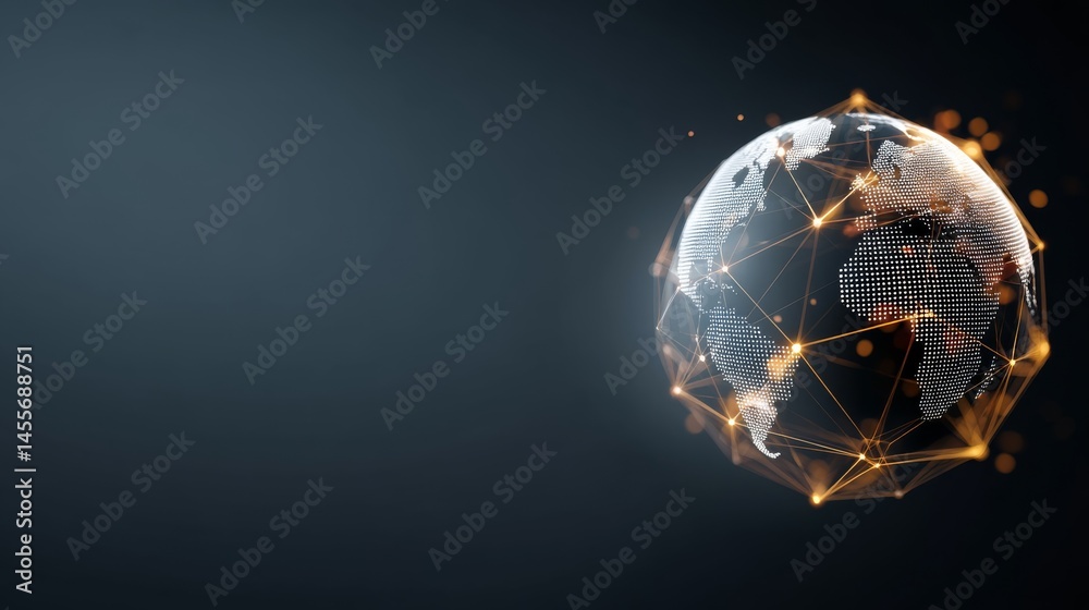 Poster This artwork showcases a digital globe enhanced with luminous connection lines, representing international communication and technological advancement in a dark setting
