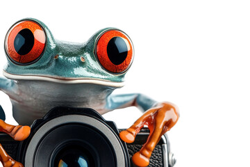 Playful frog holding a camera with bright red eyes, poised as if about to take a picture, showcasing a whimsical and unique perspective on nature photography