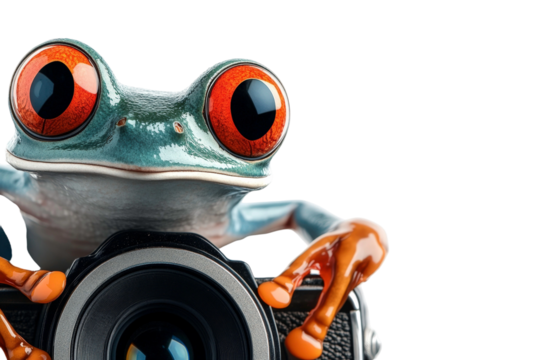 Playful frog holding a camera with bright red eyes, poised as if about to take a picture, showcasing a whimsical and unique perspective on nature photography