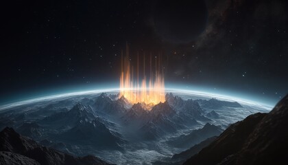 Holographic flame data arc rising over planet surface alien landscape digital art cosmic environment dramatic viewpoint