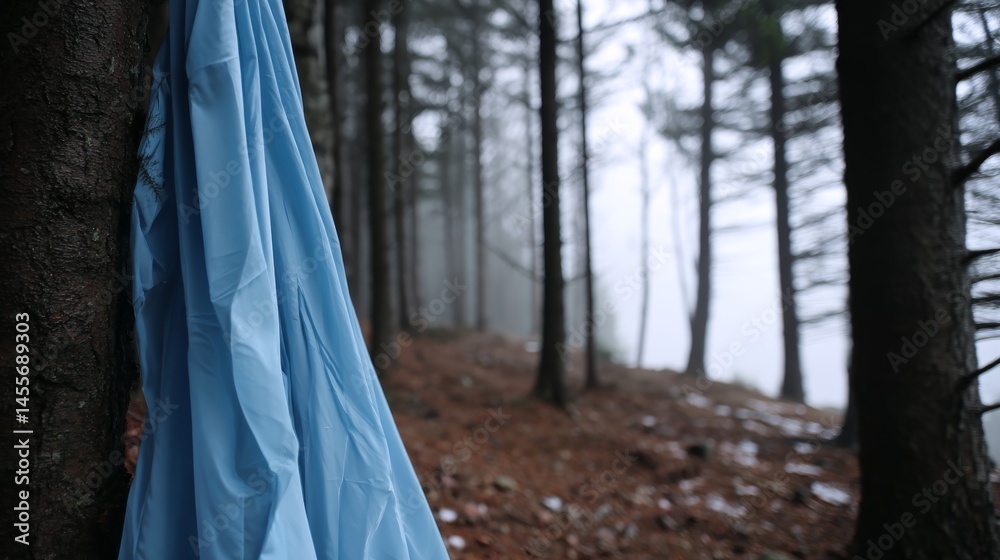 Poster soft blue fabric drapes gracefully from a tree in a serene forest clearing, illuminated by gentle mo