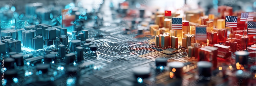 Poster Hyperrealistic 3D Render Depicting a US and China Chip Clash on a Futuristic Digital Battlefield With Vibrant Colors and Intricate Designs Generative AI