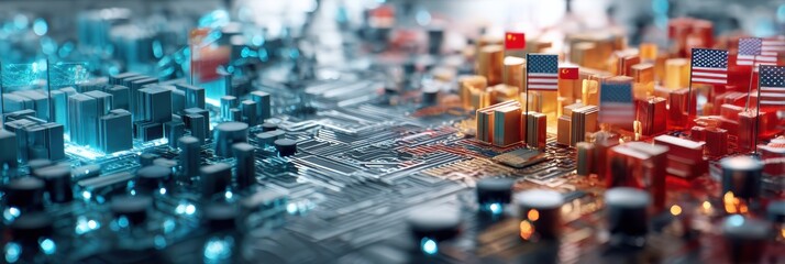 Hyperrealistic 3D Render Depicting a US and China Chip Clash on a Futuristic Digital Battlefield With Vibrant Colors and Intricate Designs Generative AI