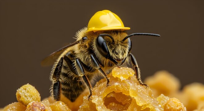 Adorable close-up of a worker bee wearing a safety helmet on honey