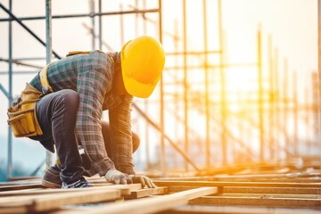 Construction worker meticulously placing wooden planks on a building's framework