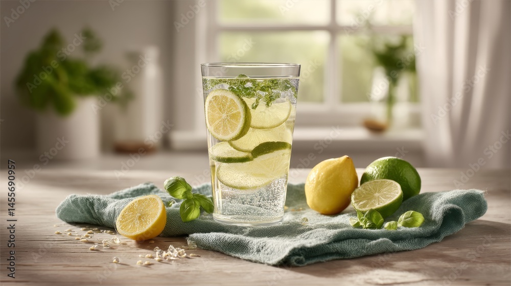 Poster a glass filled with lime-infused water and fresh basil sits on a rustic wooden table, illuminated by