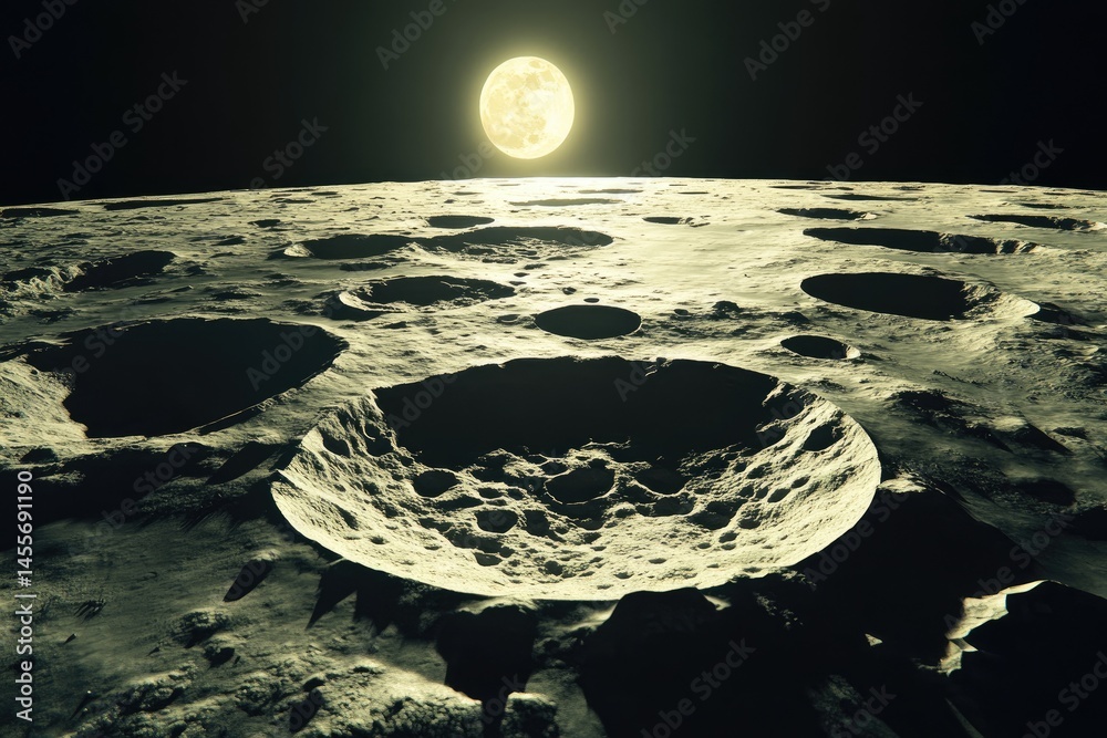 Canvas Prints lunar landscape with craters and a large moon. detailed surface texture of craters and uneven terrai