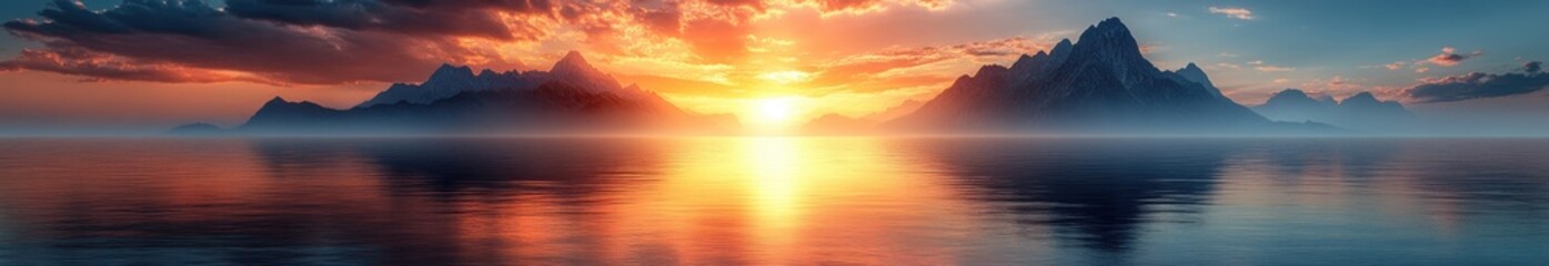 Majestic sunset over a tranquil lake and mountains