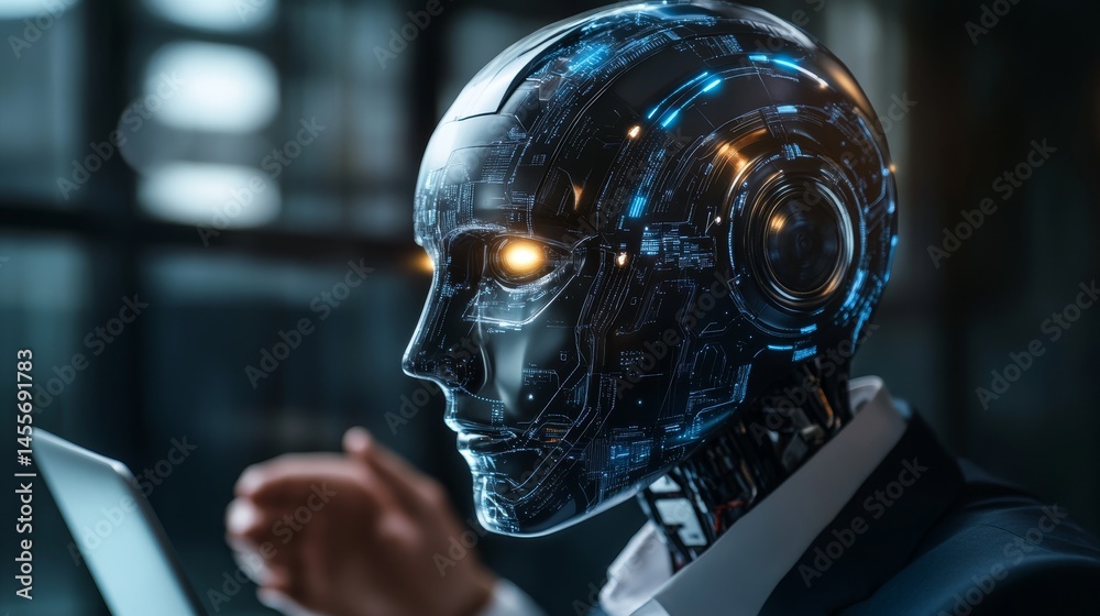 Poster robot head with glowing circuits engaged in programming on a laptop in a modern tech workspace durin
