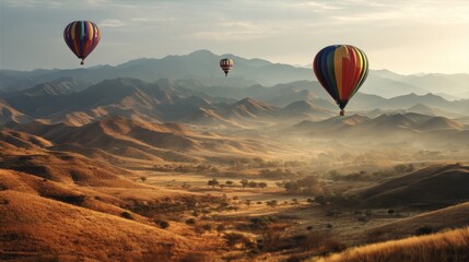Naklejka premium Hot Air Balloons Drift Serenely Over Picturesque Desert Mountains During the Enchanting Golden Hour Generative AI