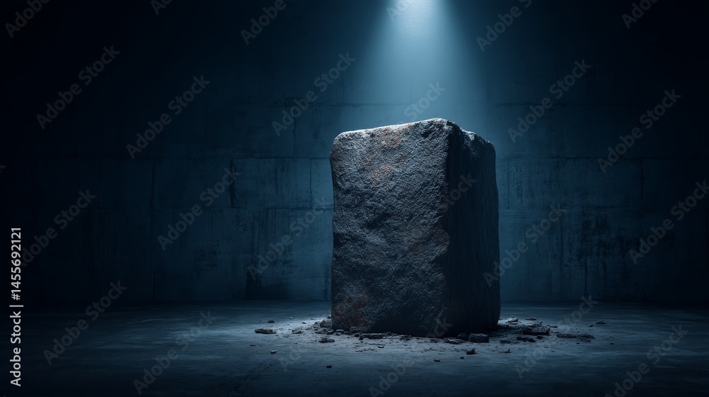 Poster a low-angle view captures a smooth stone plinth under a dramatic spotlight, creating bold shadows ag
