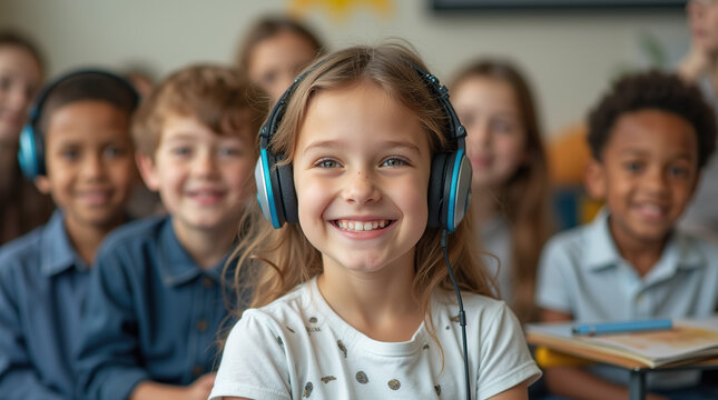 A joyful child with a modern hearing device sits among classmates, highlighting the importance of inclusive education and tech support for all students.