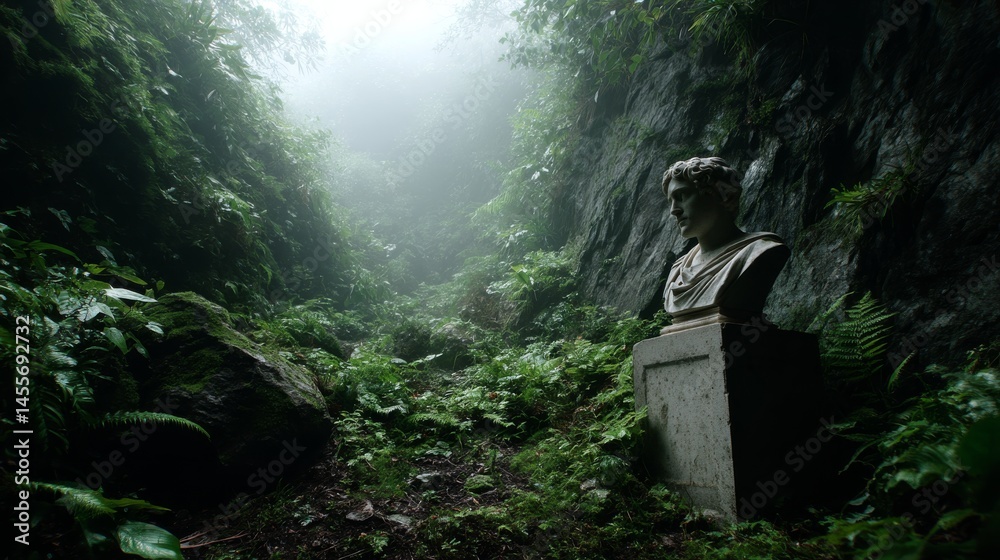 Poster a striking sculpture stands amidst dense jungle foliage, shrouded in soft fog and illuminated by amb