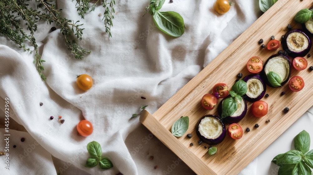 Poster a wooden platter displays beautifully sliced roasted eggplant topped with cherry tomatoes and fresh 