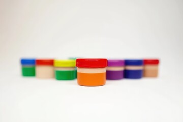 Colorful paint containers in a row, slightly out of focus,  on a white background  Several small, cylindrical containers of various vibrant colors are arranged 