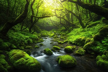 Enchanted Forest Stream with Mossy Rocks and Lush Greenery in a Natural Setting
