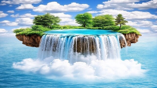 Floating island paradise with cascading waterfall. Lush greenery, turquoise water, and cumulus clouds