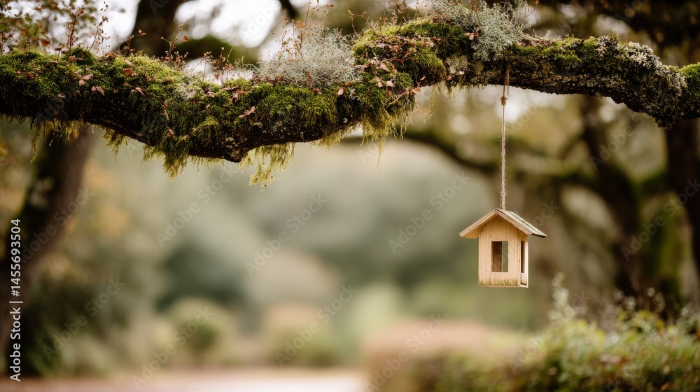 Aufkleber a wooden birdhouse is gracefully suspended from a twisted oak branch, surrounded by lush moss and a 