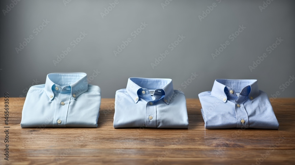 Fototapete A set of light blue button-up shirts is neatly folded and displayed from the front, back, and side on a smooth wooden surface, featuring ample copy space for text