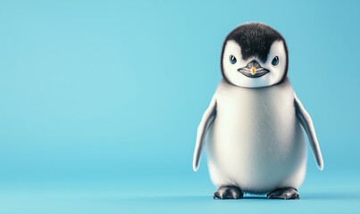 Cute baby penguin standing against a light blue background with a charming expression.