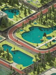 Urban Park Featuring Jogging Tracks Surrounded by Small Lakes and Lush Greenery During a Sunny Day Generative AI