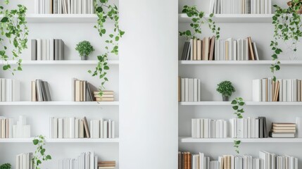 White bookshelves with plants