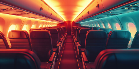 Airplane interior with modern seating and vibrant lighting effects.
