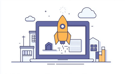Rocket launching from laptop screen symbolizing digital innovation and startup growth.