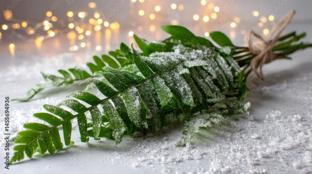 Poster delicate snow-covered fern frond rests on a white surface, illuminated by gentle bokeh lights in the