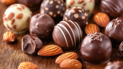 Chocolate almond truffle delight Delicious assortment of chocolate truffles and almonds on a wooden surface.