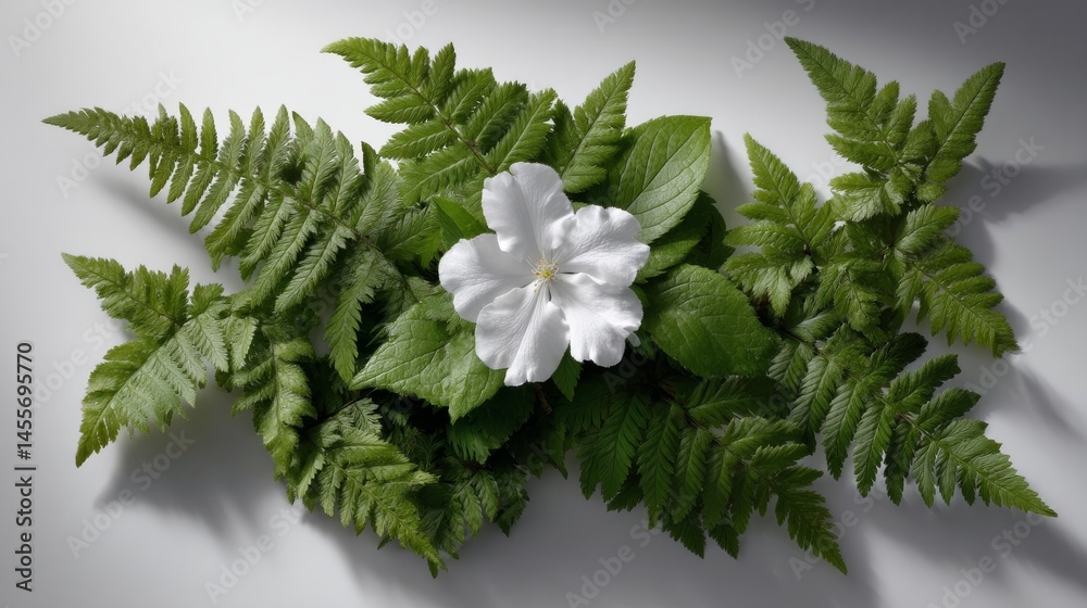 Aufkleber Bright light highlights a lush arrangement of fern fronds surrounding a striking white flower, creating an elegant composition with clear space for text