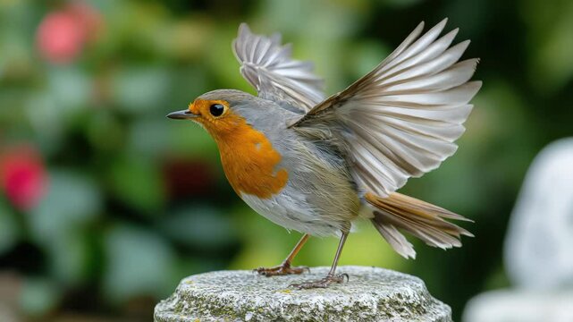 European robin small bird with orange breast and grey wing perched on stone in garden, nature wildlife alert, wings spread, green background, alert pose