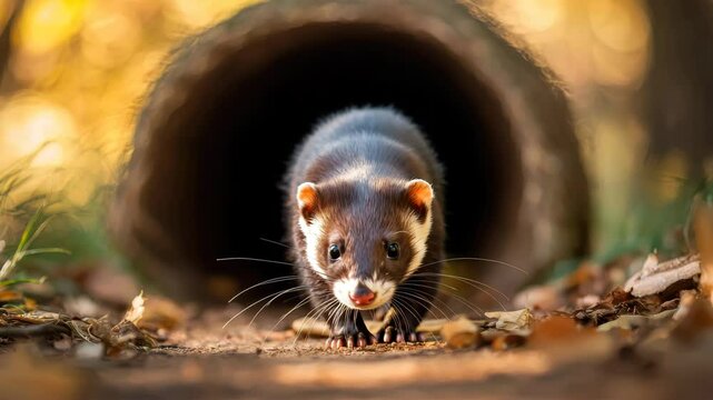 Curious ferret animal with brown and white fur walking forest floor, emerging from tunnel, surrounded by autumn leaf and warm golden sunlight, playful mammal exploring autumn forest tunnel with brown