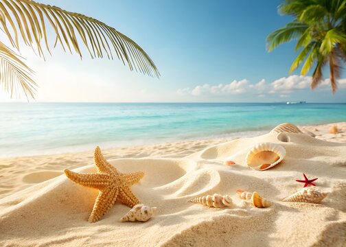 Summer beach background, golden sand and various seashells and starfish