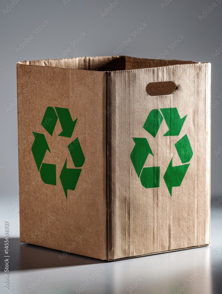 Poster large craft paper box featuring green recycling symbols on a gray background during afternoon light 