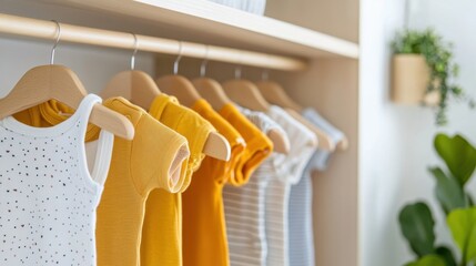 Modern baby closet with neutral rack and adorable bodysuits lined up evenly
