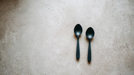 Two matte black teaspoons with sleek designs are positioned parallel on a smooth off-white surface, offering ample copy space for branding or text
