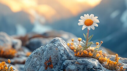 A small daisy grows on top of the mountain, surrounded by rocks and mountains in the background. 