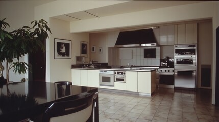 Fototapeta premium Modern Kitchen and Dining Area Featuring Minimalist Design With Wooden Floors, Large Windows, and Artistic Wall Decor in a Contemporary Urban Apartment Setting