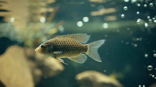 Single freshwater fish with patterned scales swims gracefully clear aquarium, surrounded by rocks and bubbles, while tropical fish display vibrant scales and fins underwater, creating peaceful
