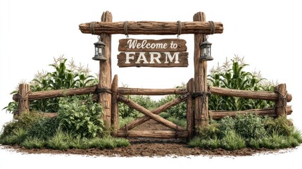 Naklejka premium Welcome to Farm Rustic Wooden Gate with Sign and Lush Greenery Ideal for Agriculture Rural L