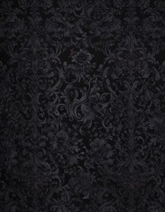 Deep black gothic damask, swirling vines & floral patterns, seamless repeat , background, style, damask