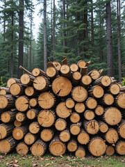 Log pile of spruce trunks  timber from forest for logging industry and wood processing