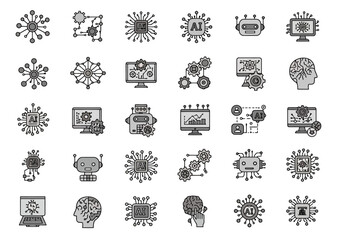 A minimal flat design AI icon set in black and white, each unique, clean, and simple, representing core AI concepts on a white background.