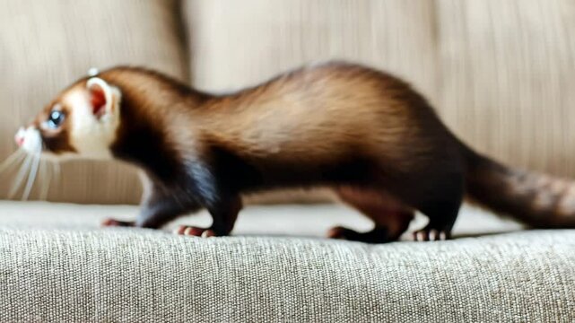 Curious ferret pet with brown and white fur, playful and energetic domestic mammal, standing alert sofa indoors, showcasing inquisitive, furry, and agile animal behavior, small cute carnivore with
