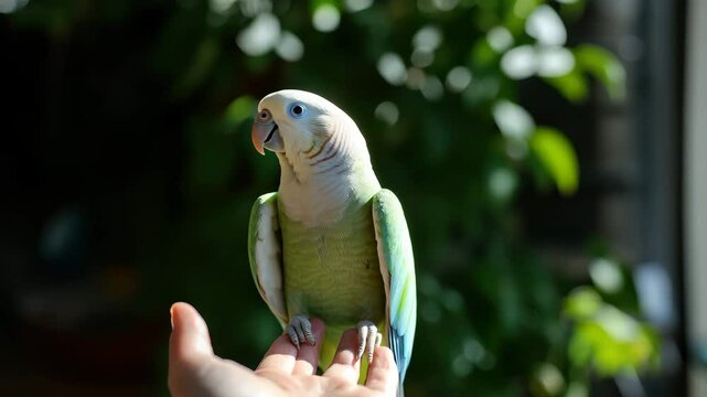 Green parrot perched hand sunlight, bird with vibrant feathers and yellow wings, pet animal enjoying nature, feather details and trust as parrot perches and spreads wings human hand, peaceful green