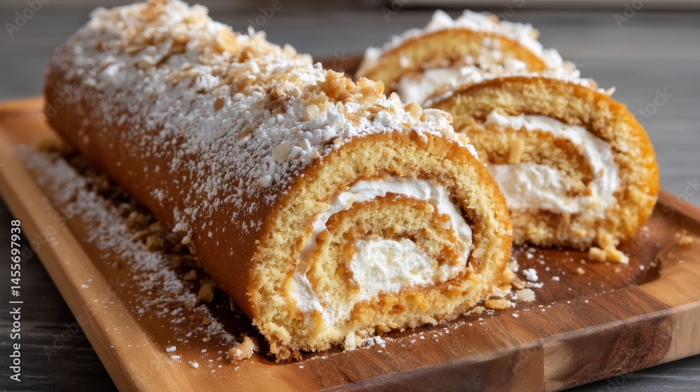 Poster overhead view of a sliced swiss roll dessert revealing its luscious, creamy filling and soft texture