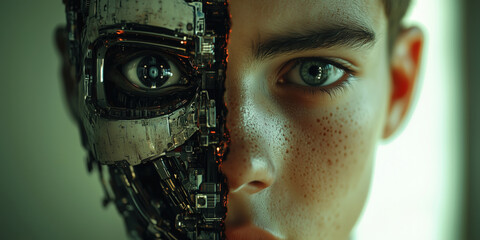 Futuristic cyborg boy with half human, half robotic face showcasing advanced technology.