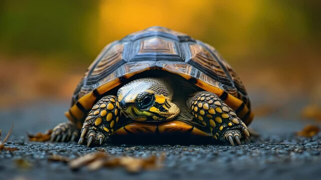 Turtle reptile animal with patterned shell and yellow markings crawling textured ground among autumn leaves, wildlife nature scene with closeup of calm tortoise, peaceful mood, brown and yellow
